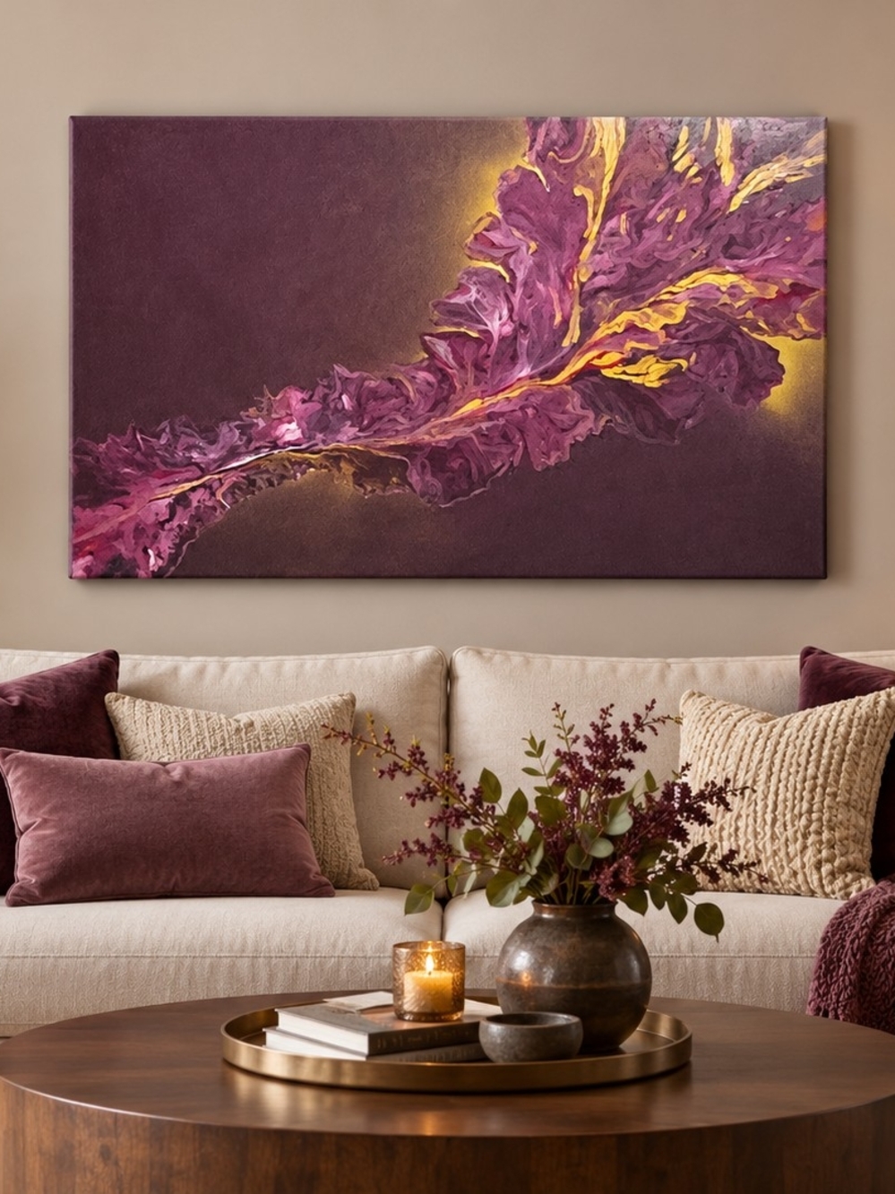 "TALIA'S LOVE" Abstract Burgundy and Gold Canvas Wall Art by